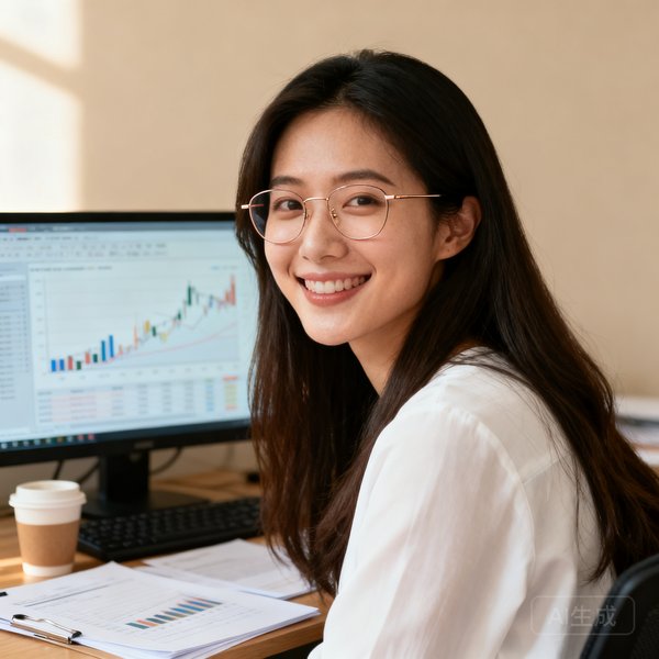 年轻女性长发披肩，笑容亲切，戴细框眼镜，身穿白色上衣，坐在电脑前分析数据